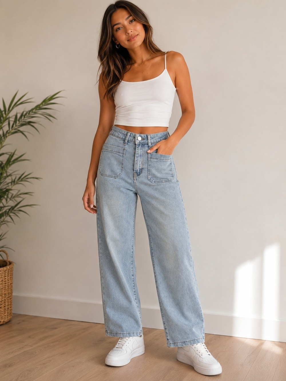Women's High-Rise Wide Leg Jeans in Light Blue Wash - Picture 1 of 4